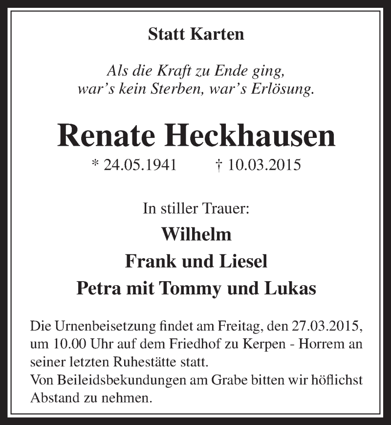  Traueranzeige für Renate Heckhausen vom 25.03.2015 aus  Werbepost 