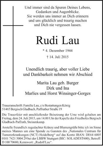 Anzeige von Rudi Lau von  Kölner Wochenspiegel 