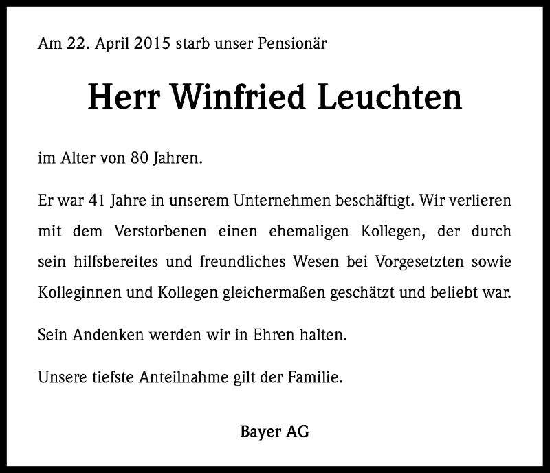  Traueranzeige für Winfried Leuchten vom 30.04.2015 aus Kölner Stadt-Anzeiger / Kölnische Rundschau / Express