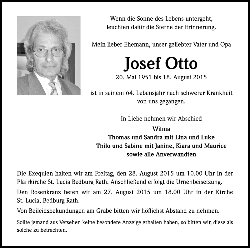  Traueranzeige für Josef Otto vom 26.08.2015 aus Kölner Stadt-Anzeiger / Kölnische Rundschau / Express