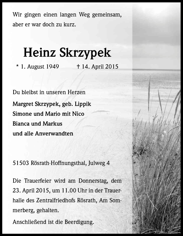  Traueranzeige für Heinz Skrzypek vom 18.04.2015 aus Kölner Stadt-Anzeiger / Kölnische Rundschau / Express