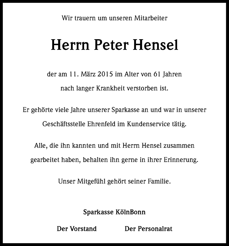  Traueranzeige für Peter Hensel vom 21.03.2015 aus Kölner Stadt-Anzeiger / Kölnische Rundschau / Express