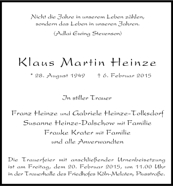 Anzeige von Klaus Martin Heinze von Kölner Stadt-Anzeiger / Kölnische Rundschau / Express