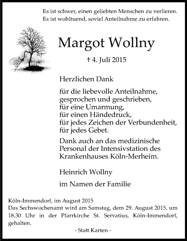  Traueranzeige für Margot Wollny vom 22.08.2015 aus Kölner Stadt-Anzeiger / Kölnische Rundschau / Express