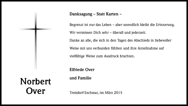  Traueranzeige für Norbert Over vom 28.03.2015 aus Kölner Stadt-Anzeiger / Kölnische Rundschau / Express