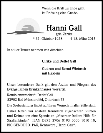 Anzeige von Hanni Gall von Kölner Stadt-Anzeiger / Kölnische Rundschau / Express