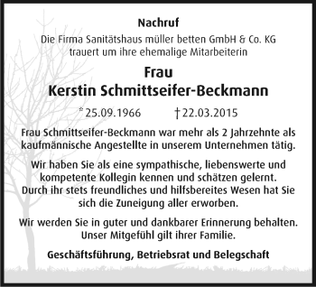 Anzeige von Kerstin Schmittseifer-Beckmann von Kölner Stadt-Anzeiger / Kölnische Rundschau / Express