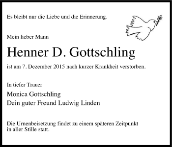 Anzeige von Henner D. Gottschling von Kölner Stadt-Anzeiger / Kölnische Rundschau / Express