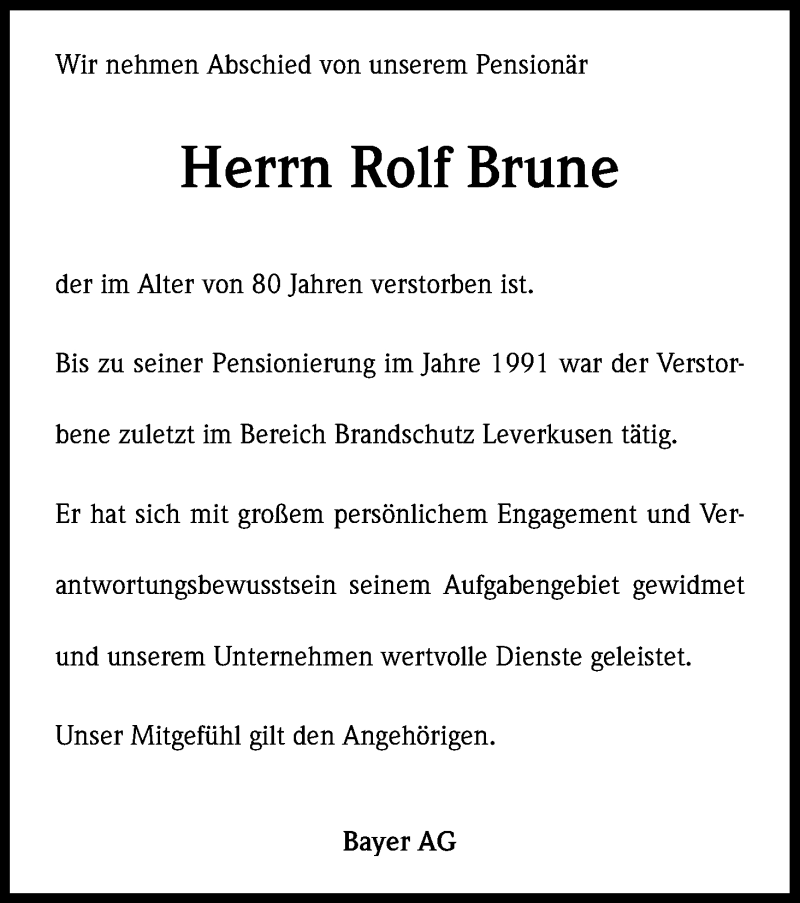  Traueranzeige für Rolf Brune vom 20.03.2015 aus Kölner Stadt-Anzeiger / Kölnische Rundschau / Express