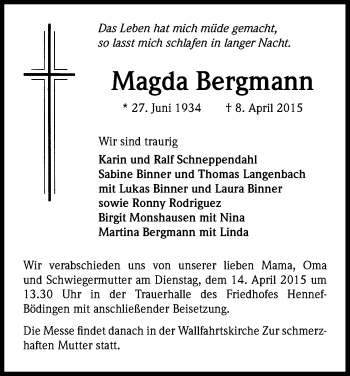 Anzeige von Magda Bergmann von Kölner Stadt-Anzeiger / Kölnische Rundschau / Express