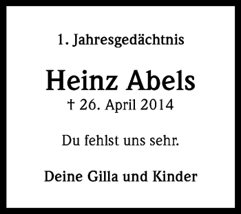 Anzeige von Heinz Abels von Kölner Stadt-Anzeiger / Kölnische Rundschau / Express