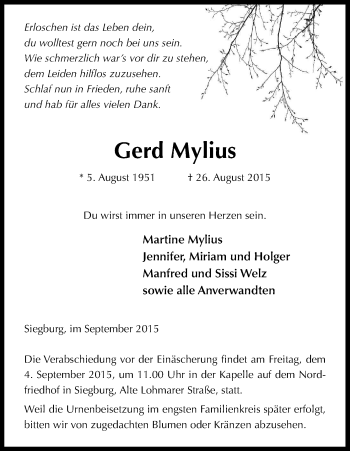 Anzeige von Gerd Mylius von Kölner Stadt-Anzeiger / Kölnische Rundschau / Express