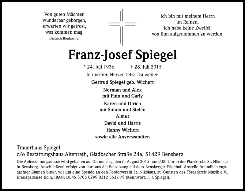  Traueranzeige für Franz-Josef Spiegel vom 01.08.2015 aus Kölner Stadt-Anzeiger / Kölnische Rundschau / Express