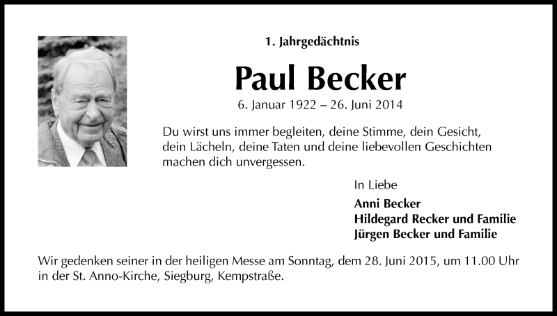  Traueranzeige für Paul Becker vom 26.06.2015 aus Kölner Stadt-Anzeiger / Kölnische Rundschau / Express