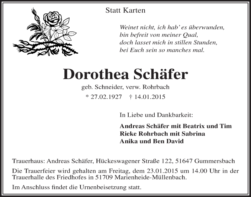  Traueranzeige für Dorothea Schäfer vom 21.01.2015 aus  Anzeigen Echo 