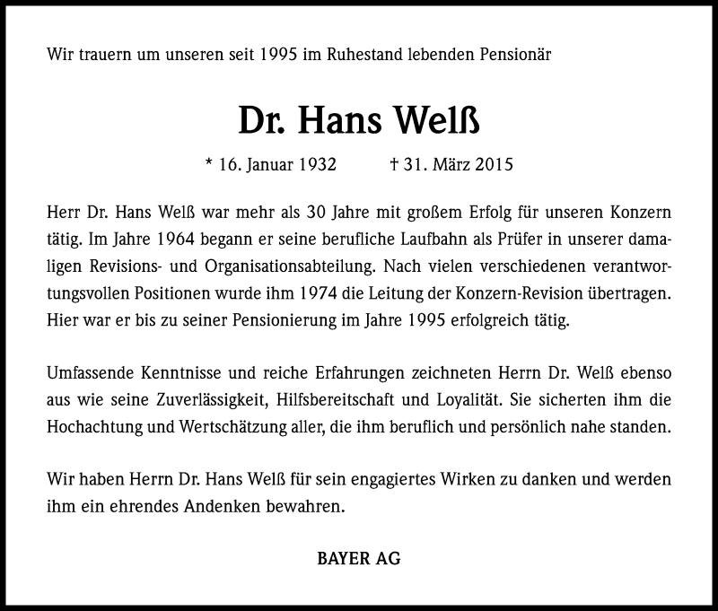  Traueranzeige für Hans Weiß vom 11.04.2015 aus Kölner Stadt-Anzeiger / Kölnische Rundschau / Express