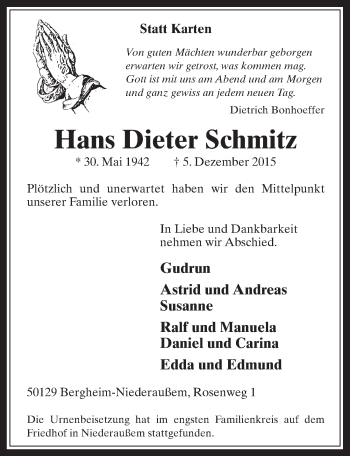 Anzeige von Hans Dieter Schmitz von  Werbepost 