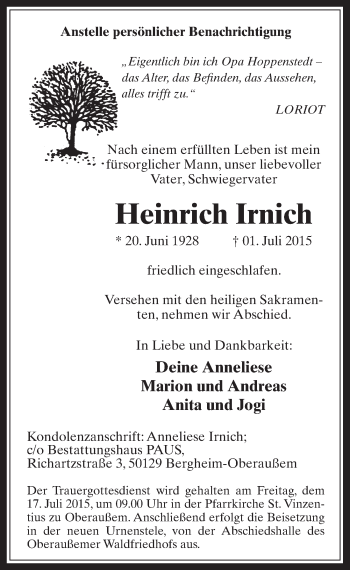 Anzeige von Heinrich Irnich von  Werbepost 