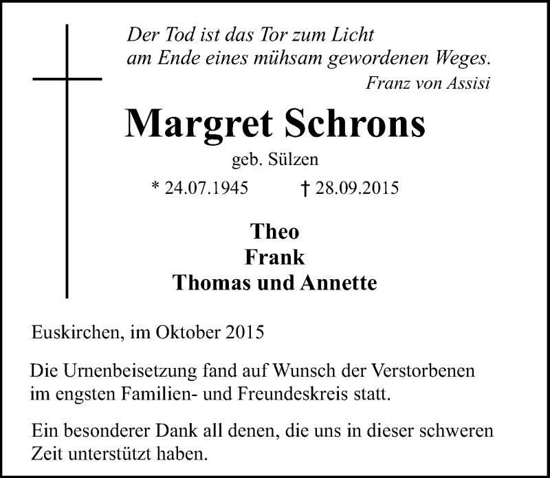  Traueranzeige für Margret Schrons vom 11.10.2015 aus  Blickpunkt Euskirchen 