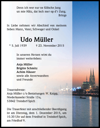 Anzeige von Udo Müller von Kölner Stadt-Anzeiger / Kölnische Rundschau / Express