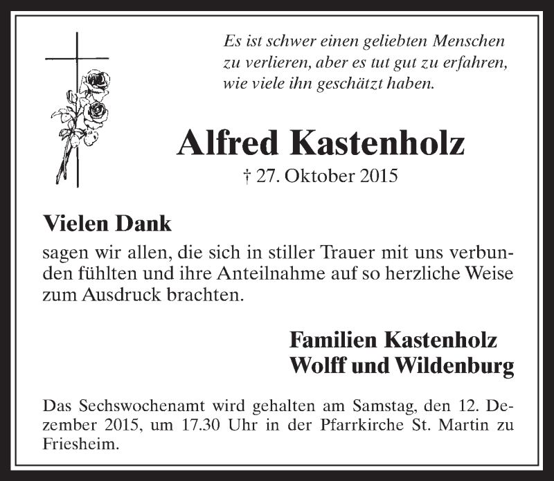  Traueranzeige für Alfred Kastenholz vom 02.12.2015 aus  Werbepost 