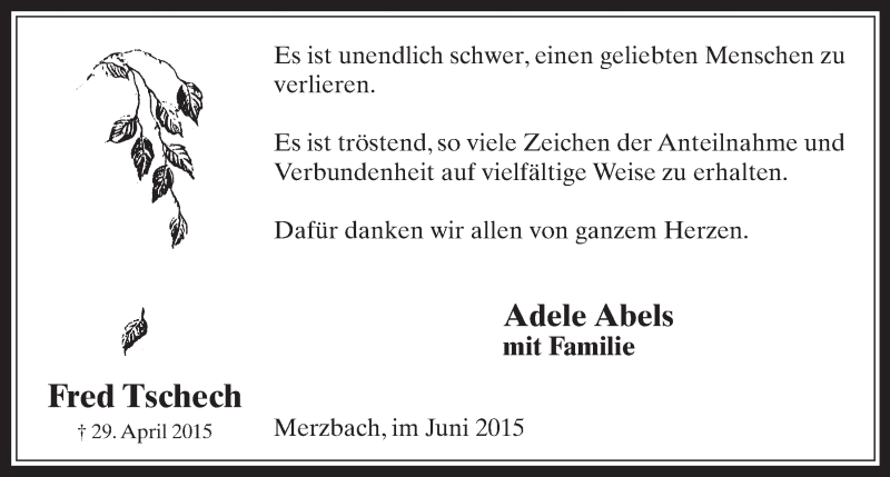  Traueranzeige für Fred Tschech vom 24.06.2015 aus  Schaufenster/Blickpunkt 