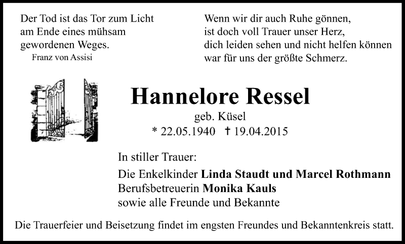  Traueranzeige für Hannelore Ressel vom 13.05.2015 aus Kölner Stadt-Anzeiger / Kölnische Rundschau / Express