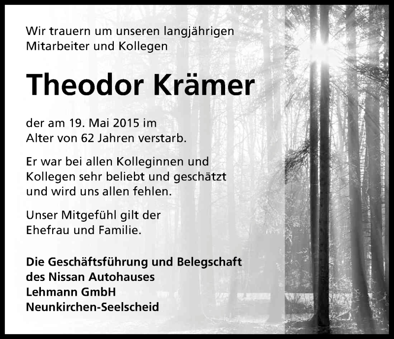  Traueranzeige für Theodor Krämer vom 30.05.2015 aus Kölner Stadt-Anzeiger / Kölnische Rundschau / Express