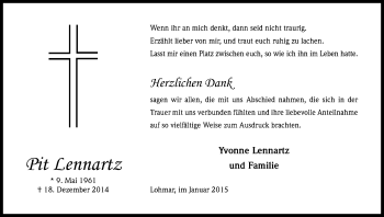 Anzeige von Pit Lennartz von Kölner Stadt-Anzeiger / Kölnische Rundschau / Express