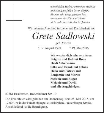 Anzeige von Grete Sadlowski von  Blickpunkt Euskirchen 