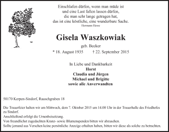 Anzeige von Gisela Waszkowiak von  Werbepost 