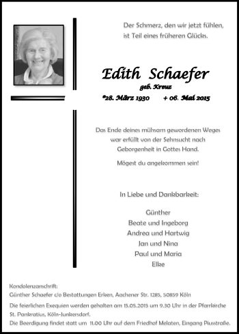 Anzeige von Edith Schaefer von Kölner Stadt-Anzeiger / Kölnische Rundschau / Express