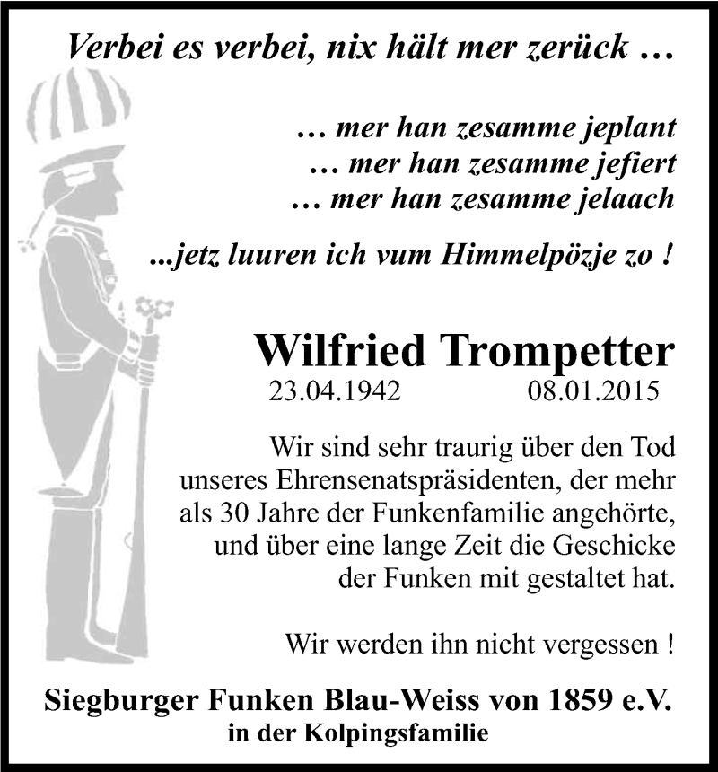  Traueranzeige für Wilfried Trompetter vom 17.01.2015 aus Kölner Stadt-Anzeiger / Kölnische Rundschau / Express