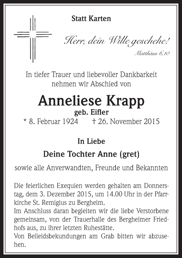  Traueranzeige für Anneliese Krapp vom 02.12.2015 aus  Werbepost 