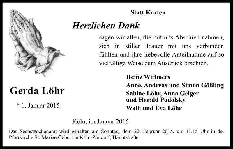 Traueranzeige für Gerda Löhr vom 28.01.2015 aus  Kölner Wochenspiegel 