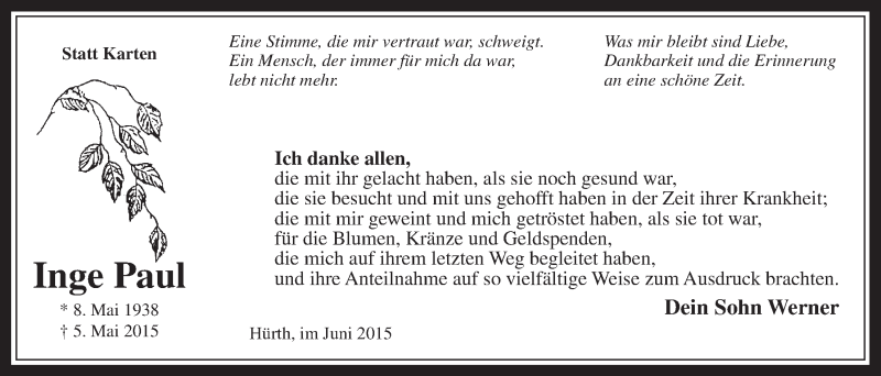  Traueranzeige für Inge Paul vom 10.06.2015 aus  Wochenende 