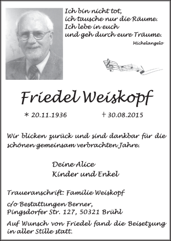Anzeige von Friedel Weiskopf von  Schlossbote/Werbekurier 