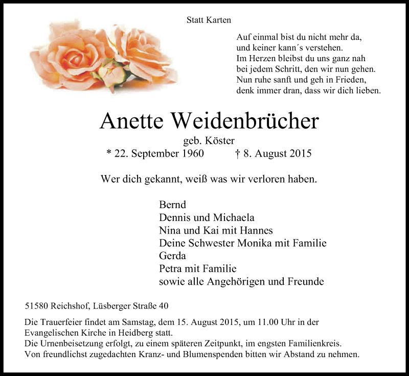  Traueranzeige für Anette Weidenbrücher vom 13.08.2015 aus Kölner Stadt-Anzeiger / Kölnische Rundschau / Express