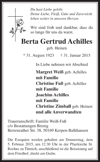 Anzeige von Berta Gertrud Achilles von  Werbepost 