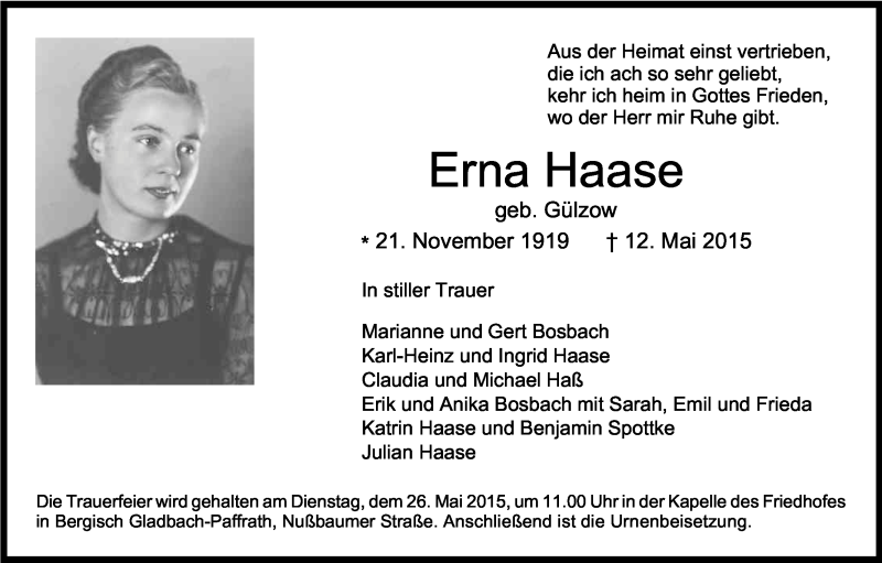  Traueranzeige für Erna Haase vom 20.05.2015 aus Kölner Stadt-Anzeiger / Kölnische Rundschau / Express