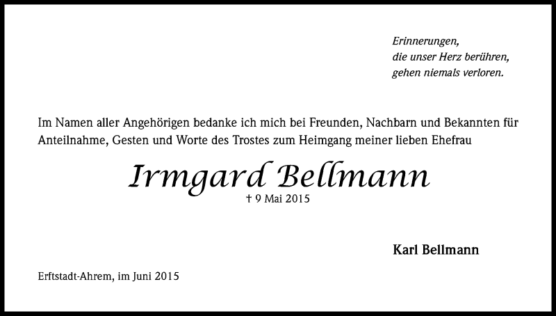  Traueranzeige für Irmgard Bellmann vom 13.06.2015 aus Kölner Stadt-Anzeiger / Kölnische Rundschau / Express