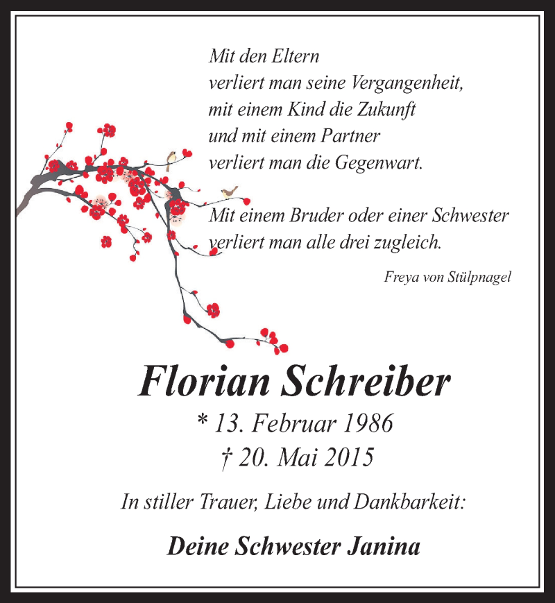  Traueranzeige für Florian Schreiber vom 17.06.2015 aus  Wochenende 