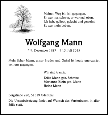 Anzeige von Wolfgang Mann von Kölner Stadt-Anzeiger / Kölnische Rundschau / Express