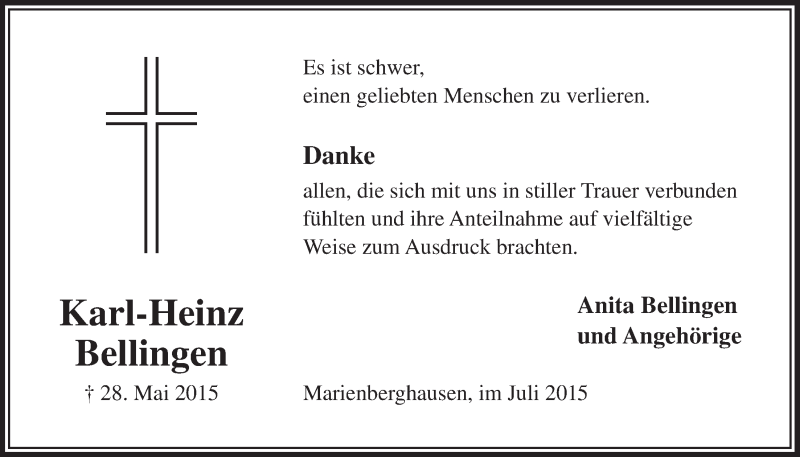  Traueranzeige für Karl-Heinz Bellingen vom 29.07.2015 aus  Lokalanzeiger 