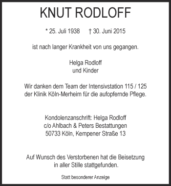 Anzeige von Knut Rodloff von  Kölner Wochenspiegel 