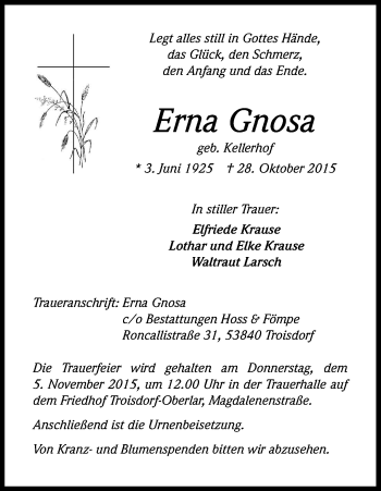 Anzeige von Erna Gnosa von Kölner Stadt-Anzeiger / Kölnische Rundschau / Express