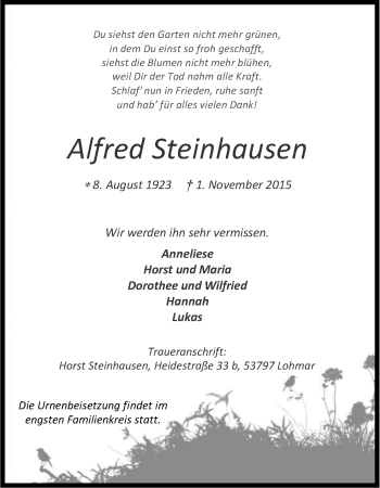 Anzeige von Alfred Steinhausen von Köln - Wir Trauern