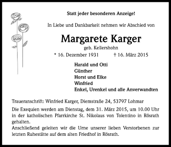 Anzeige von Margarete Karger von Kölner Stadt-Anzeiger / Kölnische Rundschau / Express