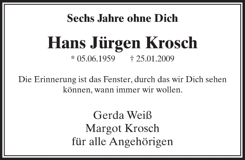  Traueranzeige für Hans Jürgen Krosch vom 24.01.2015 aus  Sonntags-Post 