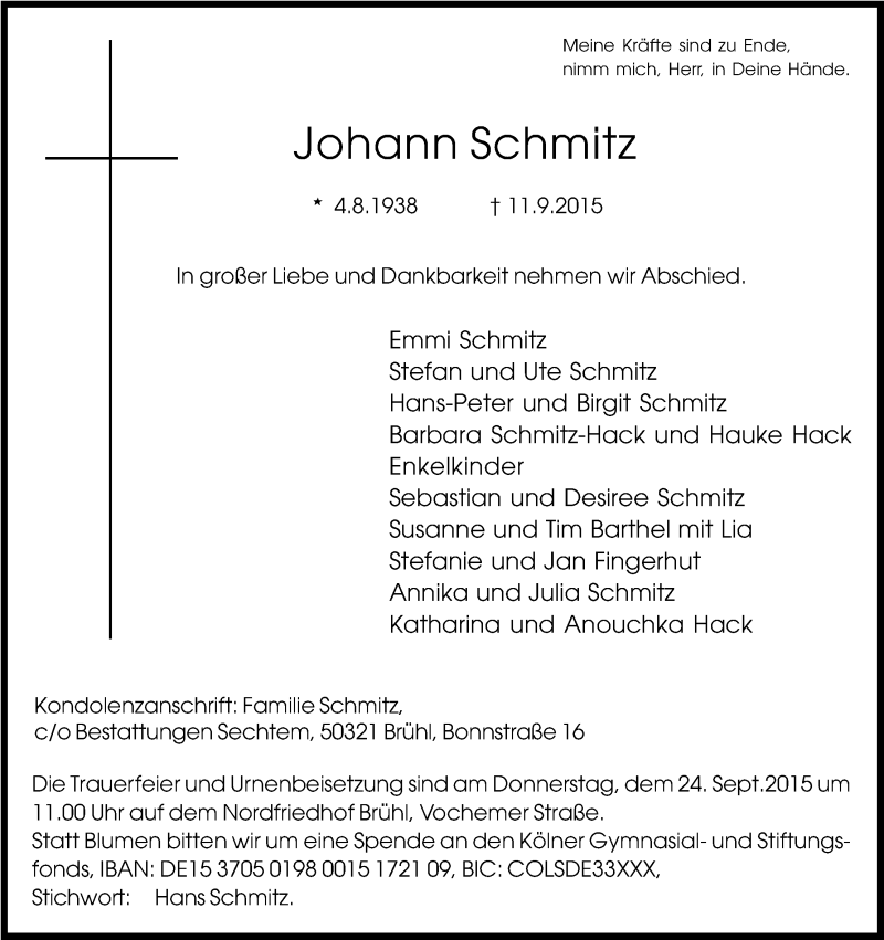  Traueranzeige für Johann Schmitz vom 19.09.2015 aus Kölner Stadt-Anzeiger / Kölnische Rundschau / Express
